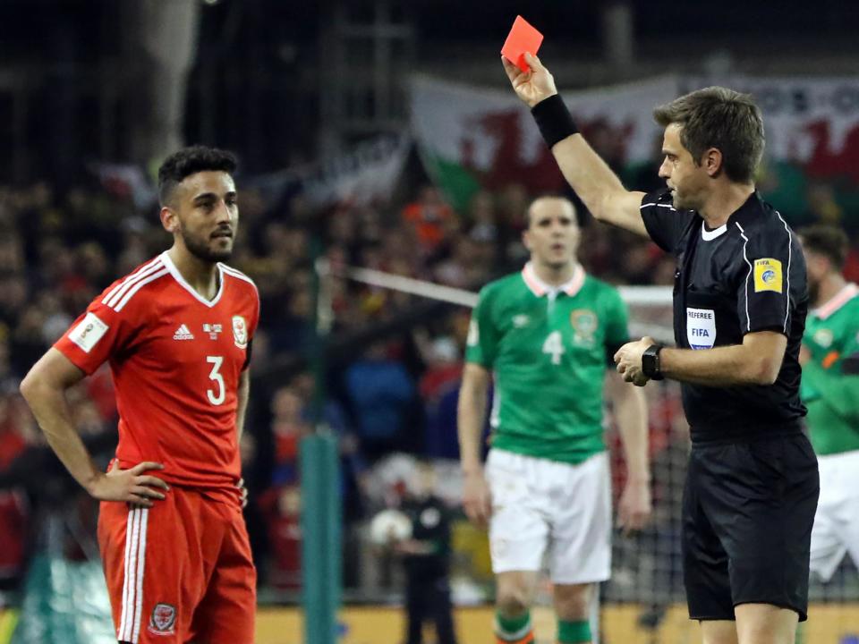 Neil Taylor was shown red for a horrific challenge on Seamus Coleman: Getty