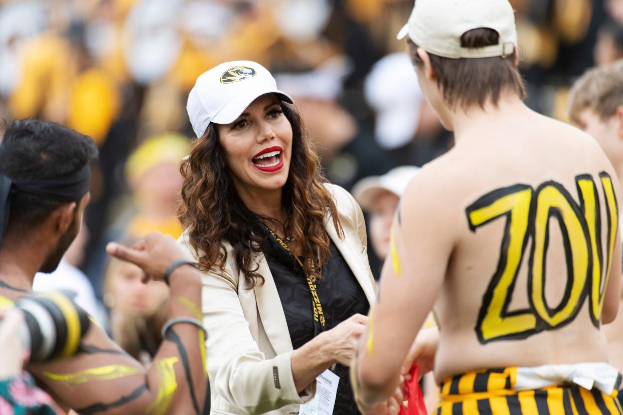 Missouri athletic director Desiree Reed-Francois greets fans before the start of the Tennessee NCAA college football game Saturday, Oct. 2, 2021, in Columbia, Mo.