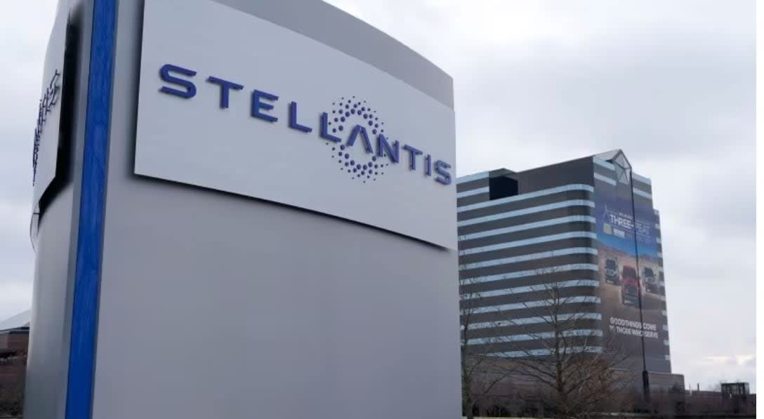 Stellantis offices are shown in this May 2023 file photo. A spokesperson for Chrysler's parent company says it is encouraging dealers 'to evaluate participation in auto shows on a case-by-case basis, while prioritizing opportunities for consumers to experience our vehicles first hand.'  (Carlos Osorio/The Associated Press - image credit)