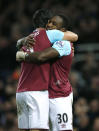 Football Soccer - West Ham United v Aston Villa - Barclays Premier League - Upton Park - 2/2/16 West Ham's Michail Antonio celebrates scoring their first goal with James Tomkins Action Images via Reuters / Andrew Couldridge Livepic EDITORIAL USE ONLY. No use with unauthorized audio, video, data, fixture lists, club/league logos or "live" services. Online in-match use limited to 45 images, no video emulation. No use in betting, games or single club/league/player publications. Please contact your account representative for further details.