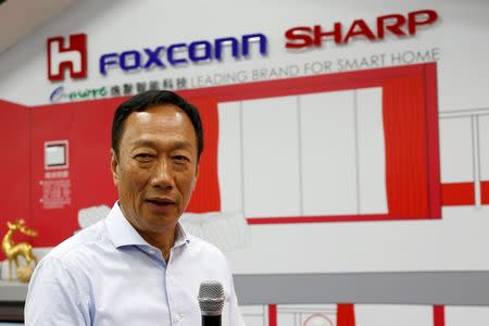 Terry Gou, chairman of Hon Hai Precision Industry, better known as Foxconn, speaks at a Sharp showroom in New Taipei City, Taiwan June 22, 2016. REUTERS/Tyrone Siu