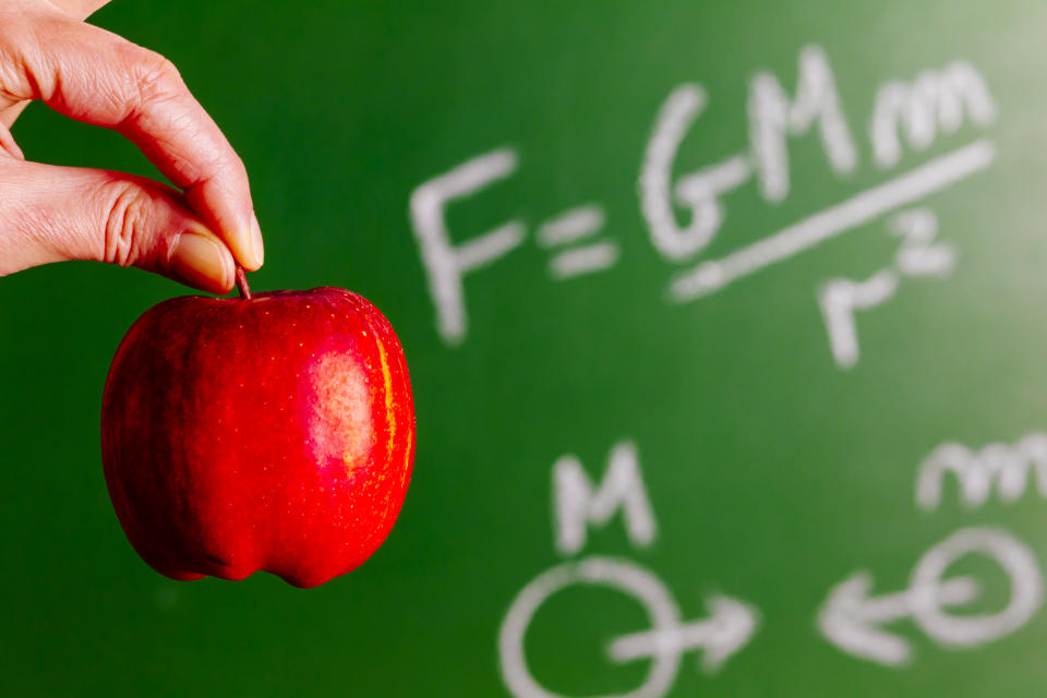 Newtons Law of Gravitation on a greenboard and illustrated using an apple. AdobeRGB colorspace.