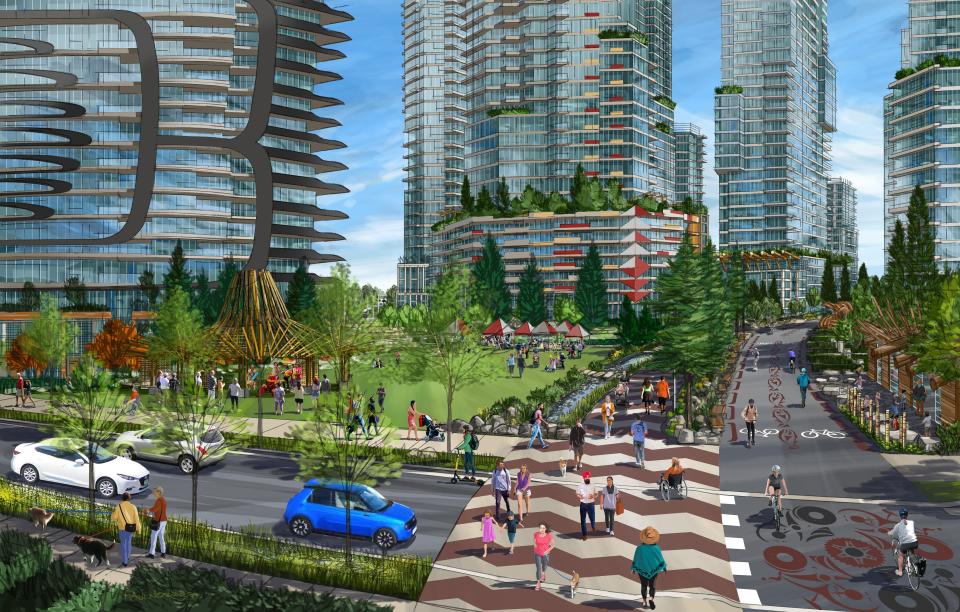 Rendering of the Jericho Lands development featuring public parks and glass-tower buildings