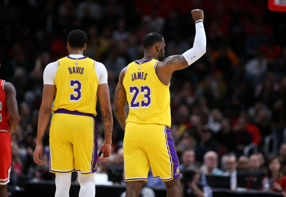 Lakers teammates Anthony Davis and LeBron James are both MVP candidates this season. (Chris Sweda/Chicago Tribune/Tribune News Service via Getty Images)