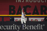 Los Angeles Dodgers center fielder Cody Bellinger catches a fly ball hit by Tampa Bay Rays' Austin Meadows during the ninth inning in Game 1 of the baseball World Series Tuesday, Oct. 20, 2020, in Arlington, Texas. (AP Photo/Eric Gay)