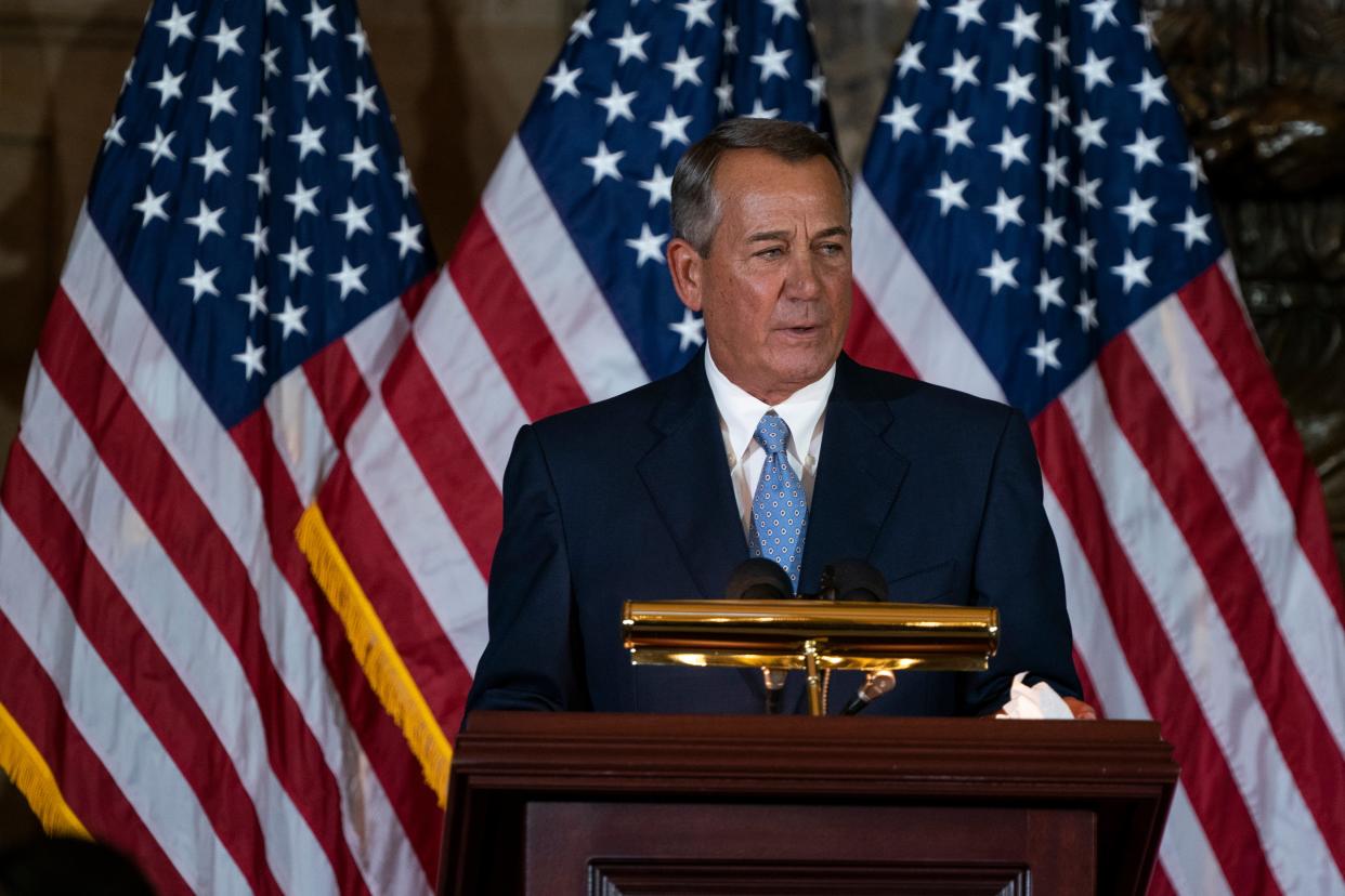 <p>Former House Speaker John Boehner speaks at a ceremony to unveil a portrait in his honour at the U.S. Capitol on 19 November 2019 in Washington, DC</p> ((Getty Images))