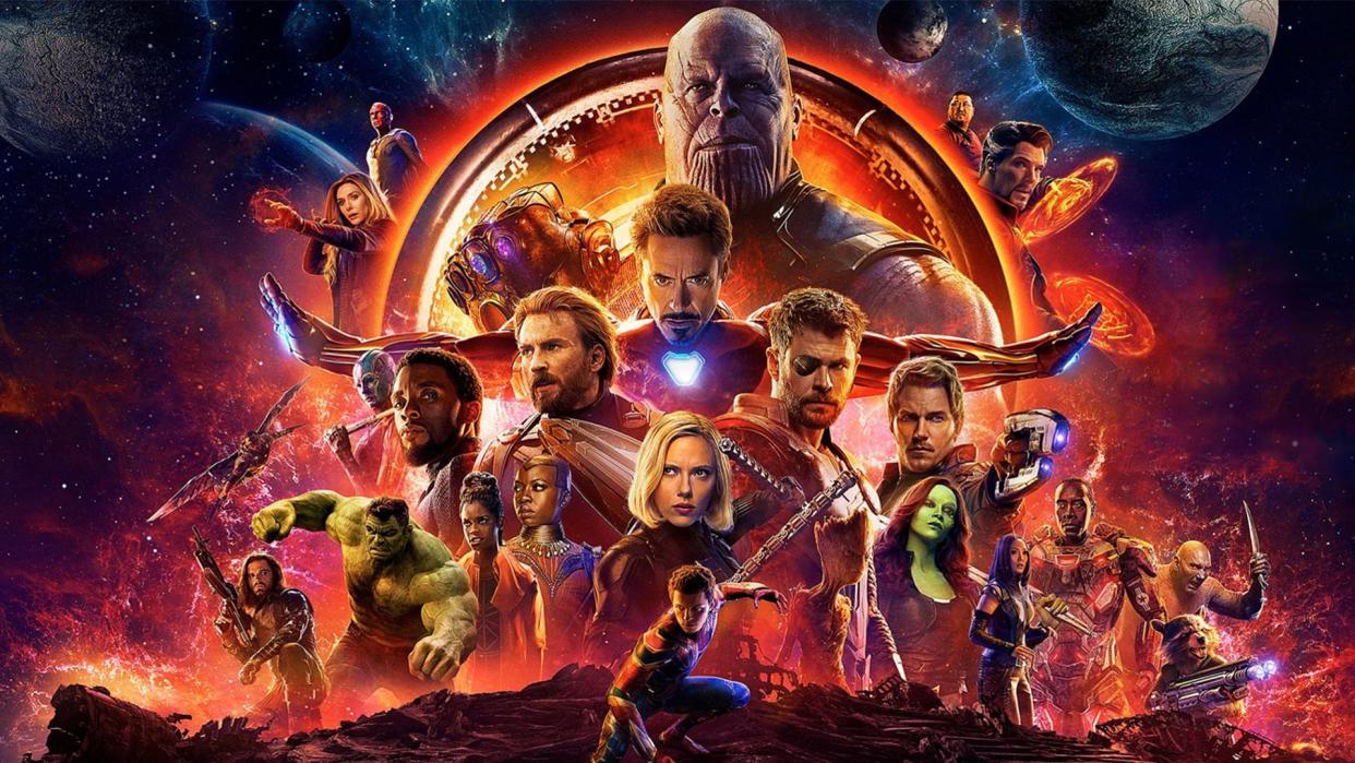  A press image for Avengers: Infinity War showing all of the Marvel movie's main characters in one of the best superhero movies. 