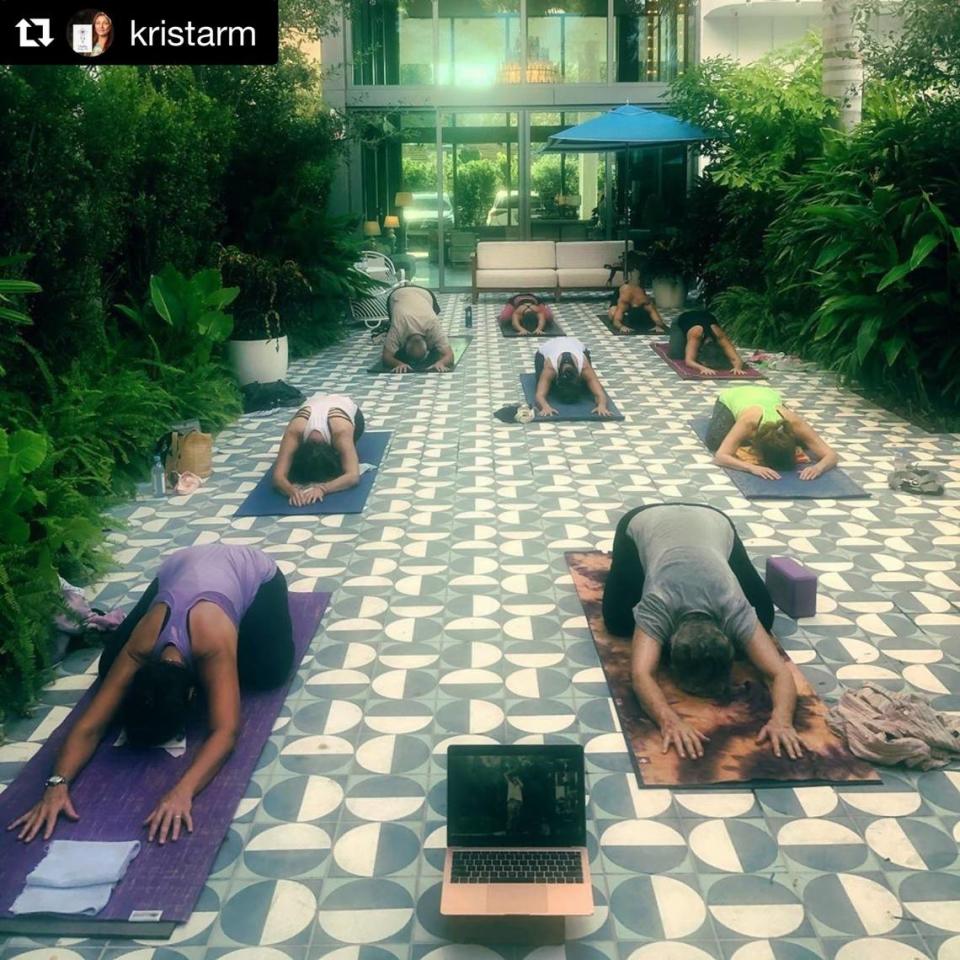 Dharma Yoga Studio is offering small classes at Mr. C Miami Coconut Grove’s Il Giardino terrace.