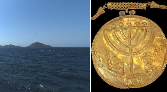 It's believed an earthquake could have loosened debris on the seabed nearby (left). An ancient medallion dated to the late Byzantine period in the Hebrew University of Jerusalem. Source: Google Maps/ AAP