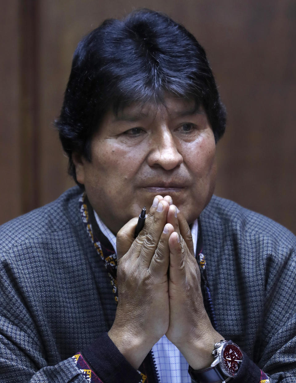 El expresidente boliviano Evo Morales asiste a una conferencia de prensa en el club de periodistas de Ciudad de México el miércoles 27 de noviembre de 2019. (AP Foto/Marco Ugarte)