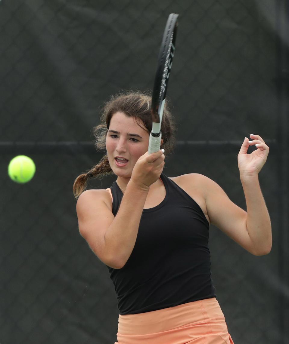 Hoover's number one player Tess Bucher returns a shot from Jackson's Madison Altman Wednesday, August 25, 2021.