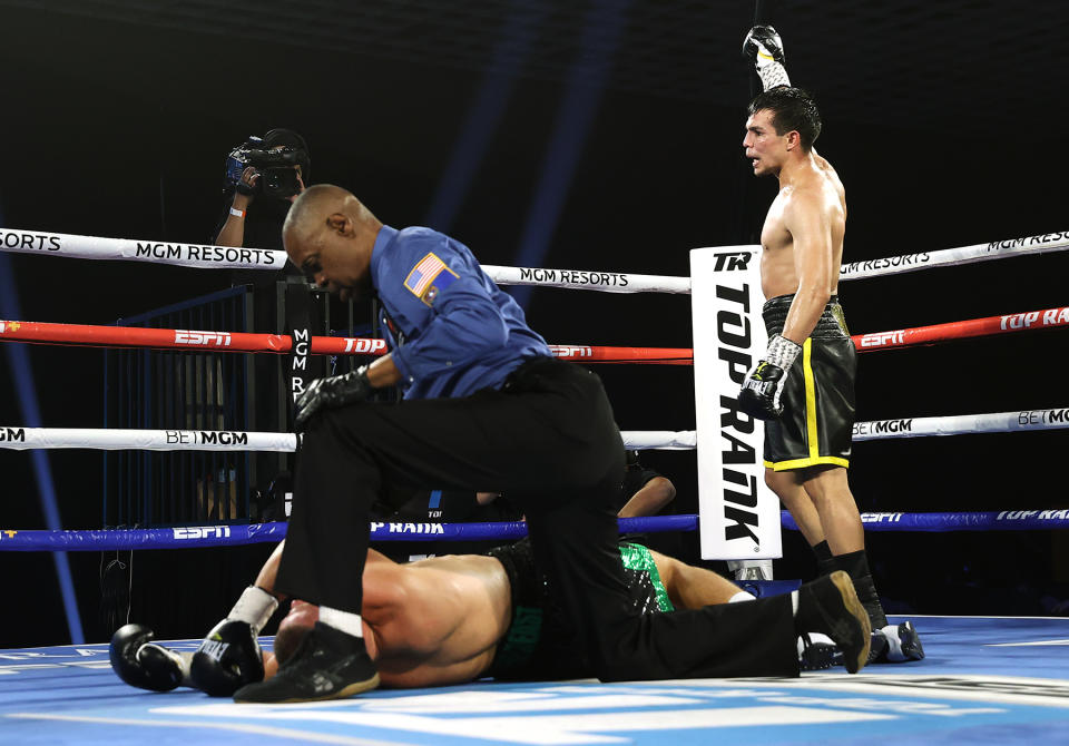 Jose Zepeda celebrates after knocking out Ivan Baranchyk on Oct. 3 at the MGM Grand Conference Center in Las Vegas. (Mikey Williams/Top Rank)