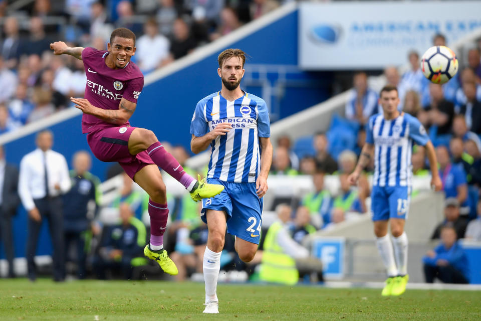 Gabriel Jesus gets in a shot on goal against Brighton