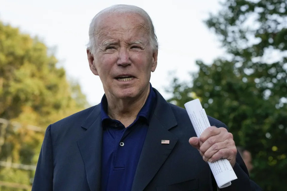 President Joe Biden speaks to members of the media after attending Mass at St. Edmond Roman Catholic Church in Rehoboth Beach, Del., Sunday, Sept. 3, 2023. (AP Photo/Manuel Balce Ceneta)