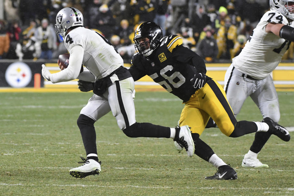 Pittsburgh Steelers linebacker Alex Highsmith (56) sacks Las Vegas Raiders quarterback Derek Carr (4) during the second half of an NFL football game in Pittsburgh, Saturday, Dec. 24, 2022. (AP Photo/Fred Vuich)