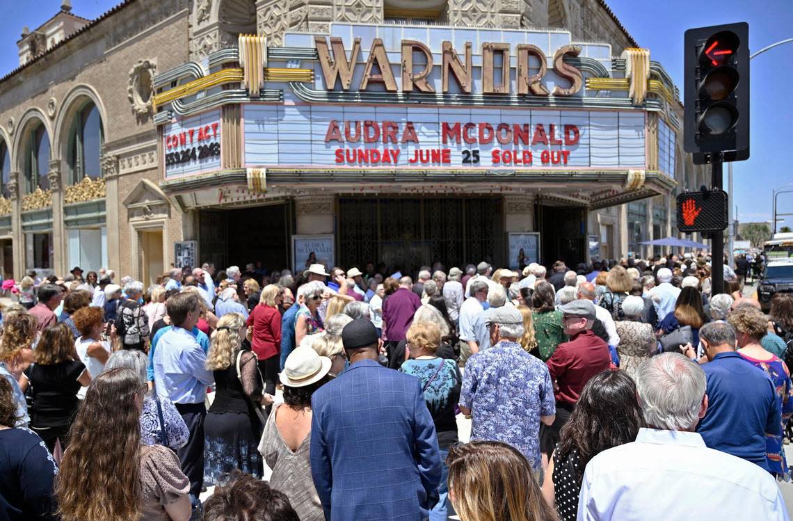 Hundreds gather outside waiting to enter for Audra McDonald’s performance celebrating Good Company Players’ 50th anniversary held at the Warnors Center for the Performing Arts Sunday, June 25, 2023 in downtown Fresno.