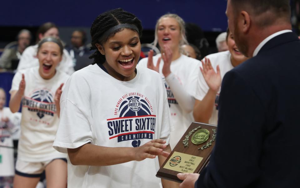 Sacred Heart’s ZaKiyah Johnson gets selected MVP for the all tournament team of the 2023 Mingua Beef Jerky Girls’ Sweet 16 Championship. March 11, 2023