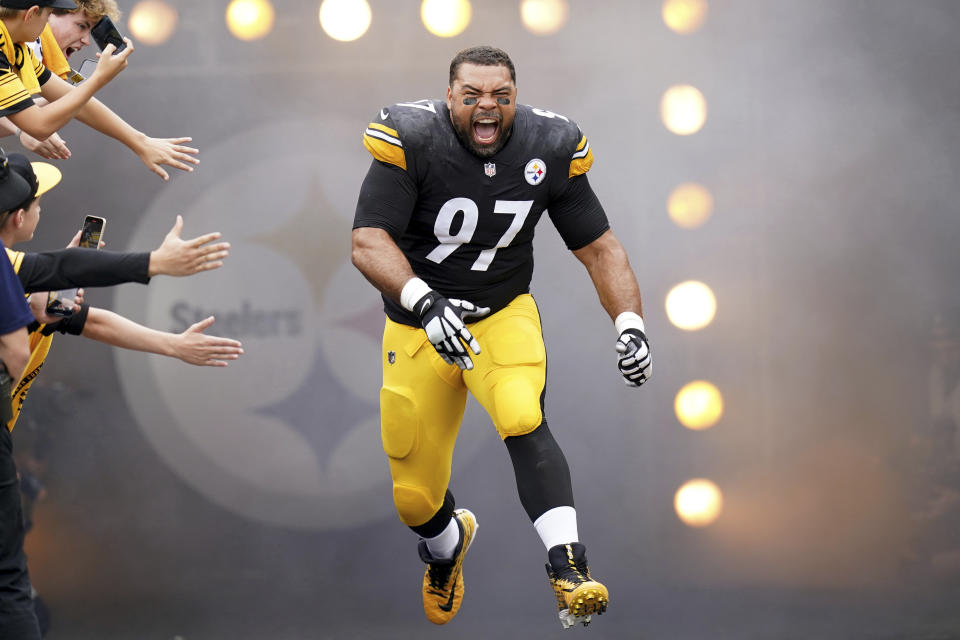 FILE - Pittsburgh Steelers defensive tackle Cameron Heyward is introduced before an NFL football game against the San Francisco 49ers Sunday, Sept. 10, 2023. Heyward returned to practice on Thursday, Oct. 26, for the first time since tearing a groin muscle in the season opener against San Francisco.(AP Photo/Matt Freed, File)