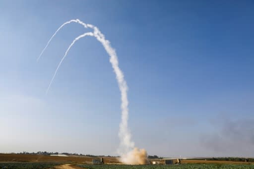 An Israeli missile is launched from the Iron Dome defence missile system, designed to intercept and destroy incoming short-range rockets and artillery shells