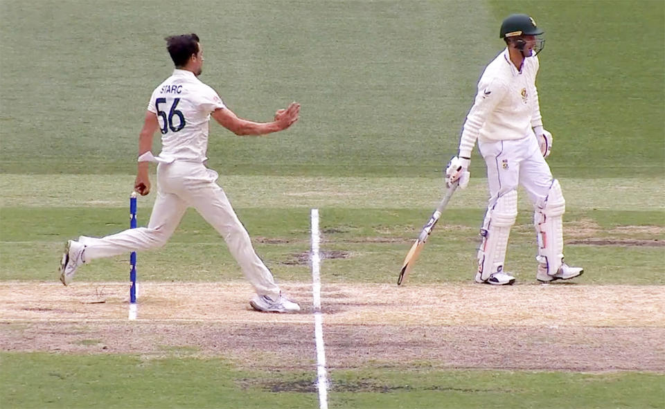 Theunis de Bruyn, pictured here well out of his crease as Mitchell Starc was delivering the ball. 