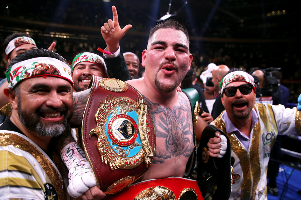 Andy Ruiz Jr (centre) celebrates the win in the WBA, IBF, WBO and IBO Heavyweight World Championships title fight at Anthony Joshua at Madison Square Garden, New York. (Photo by Nick Potts/PA Images via Getty Images)