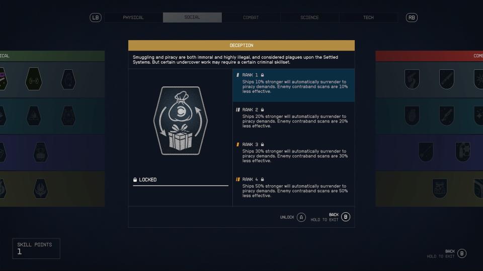 The Deception skill trait, shown in Starfield's Skills menu