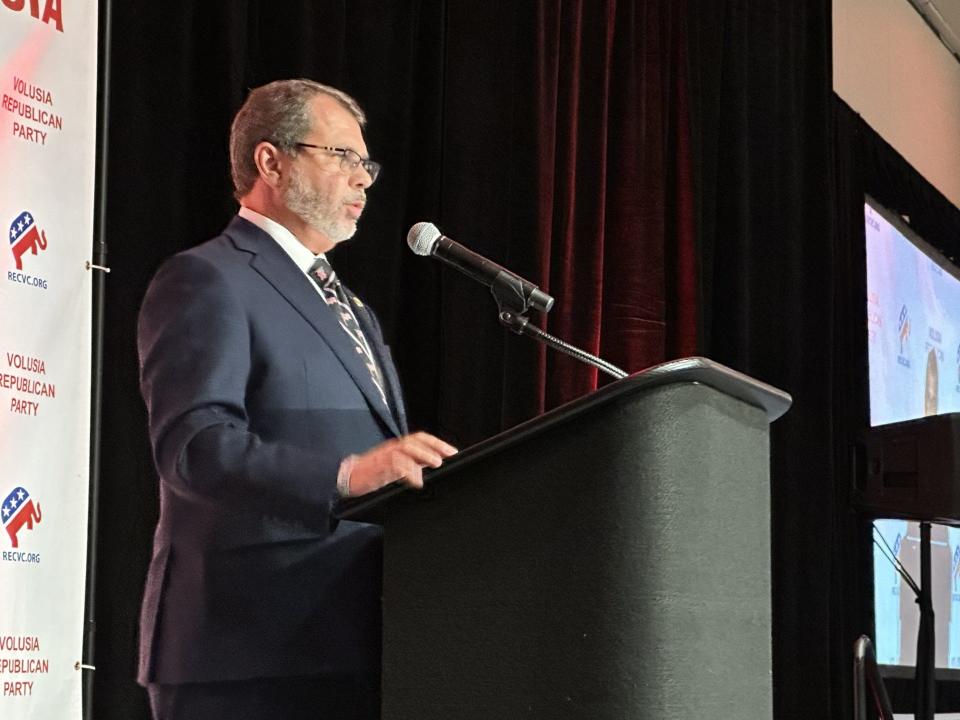 State Rep. Tom Leek emcees the Volusia County Republicans' Lincoln Dinner at the Ocean Center in Daytona Beach on Sunday, July 21, 2024. Leek is running for state Senate, District 7, in a primary with two other GOP candidates.