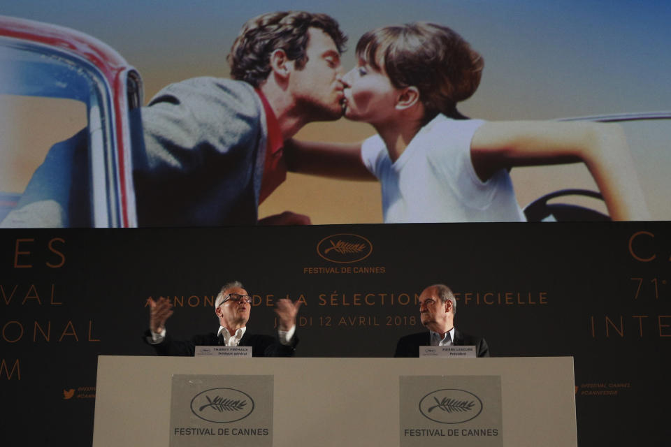 FILE - In this Thursday, April 12, 2018 file photo, General Delegate of the Cannes Film Festival Thierry Fremaux, left and Cannes Film Festival President Pierre Lescure deliver their speech during a press conference for the presentation of the 71st Cannes film festival, in Paris. France's Cannes Film Festival, arguably the world’s most prestigious film festival and cinema’s largest annual gathering, has postponed its 73rd edition. Organizers of the French Riviera festival, scheduled to take place May 12-23, 2020, say they are considering moving the festival to the end of June or the beginning of July. (AP Photo/Francois Mori, File)