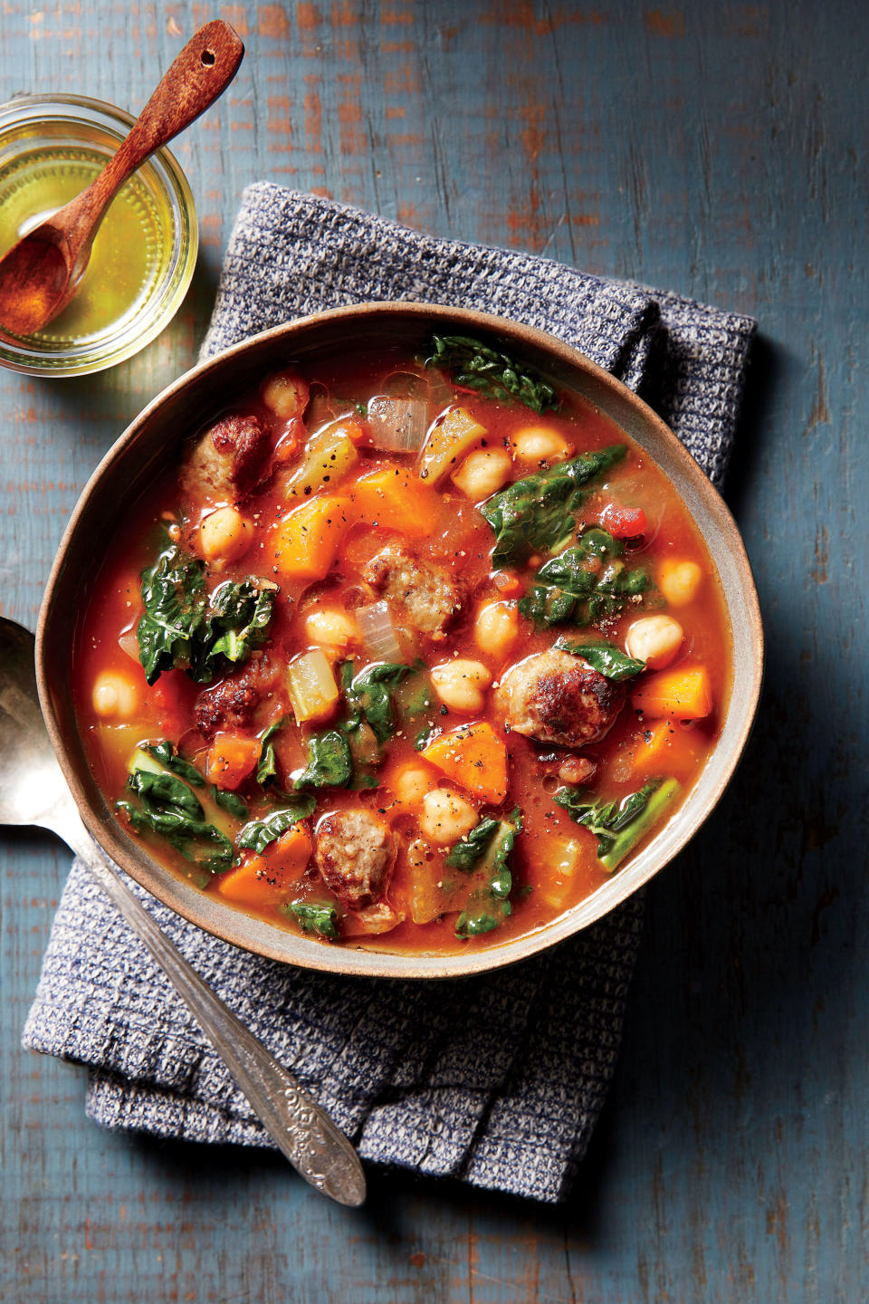 Spicy Sausage-and-Chickpea Soup with Garlic Oil