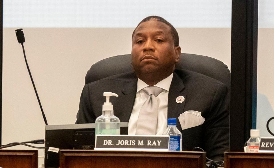 Memphis-Shelby County Schools Superintendent Joris Ray listens during a Memphis-Shelby County Schools board special called meeting Wednesday, July 13, 2022, in Memphis. Attendees of the meeting discussed an investigation into Ray concerning "allegations of impropriety.” During the meeting, the board voted 7-2 to select an attorney. Ray was also placed on administrative leave. 