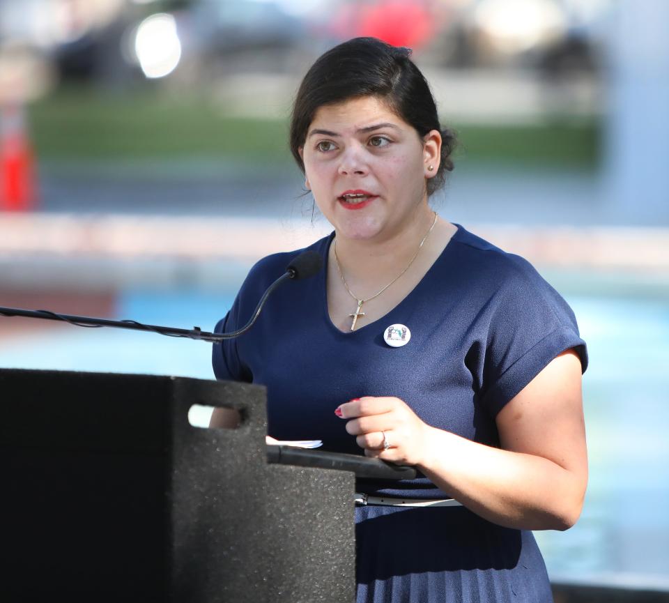 Gainesville Commissioner Reina Saco delivers a speech about the importance of Emancipation Day during the Emancipation Day: Journey to Juneteenth kickoff event held outside City Hall in Gainesville FL. May 20, 2022. [Brad McClenny/File]