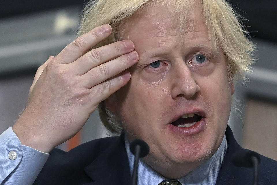 Britain's Prime Minister Boris Johnson delivers a speech during a visit to Dudley College of Technology in Dudley, England, Tuesday June 30, 2020. Johnson promised an infrastructure investment plan to help the U.K. fix the economic devastation caused by the pandemic. (Paul Ellis/Pool Photo via AP)