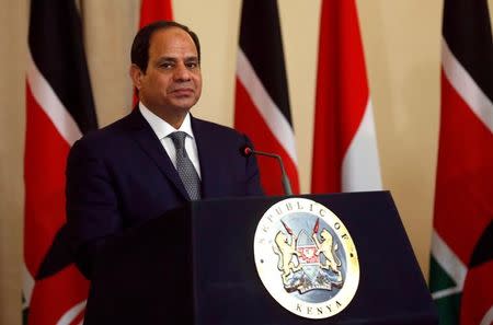 Egypt's President Abdel Fattah al-Sisi attends a news conference after holding bilateral talks with his Kenyan counterpart Uhuru Kenyatta (not pictured) at the State House in Nairobi, Kenya February 18, 2017. REUTERS/Thomas Mukoya