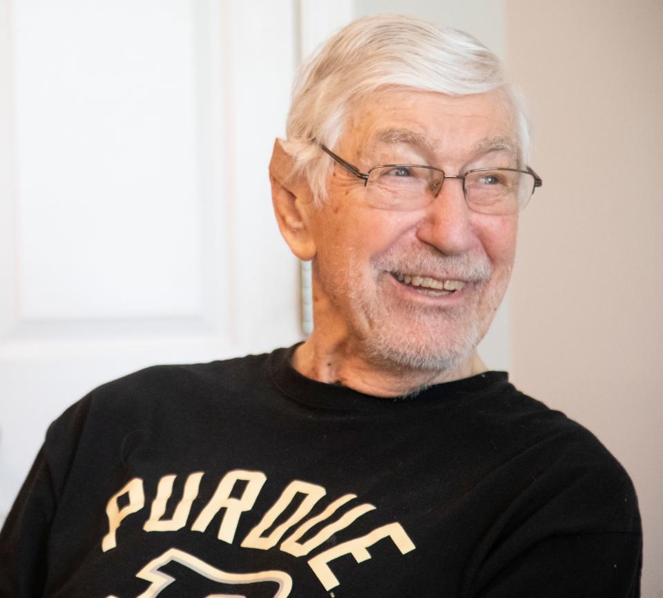 Bill Elbert smiles while talking about Purdue basketball, Tuesday, March 26, 2024, at his home in West Lafayette, Ind.