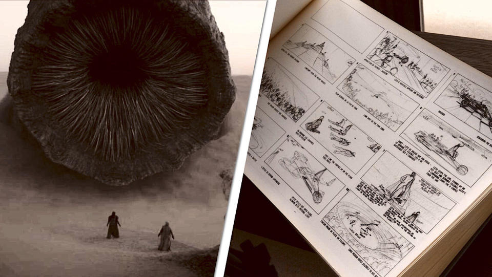 A giant sandworm from the movie Dune and an image of Jodorowsky's concept art for his own never made version of the film.