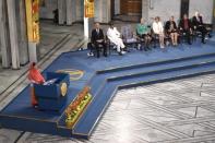 Nobel Peace Prize laureates Malala Yousafzai delivers her speech during the Nobel Peace Prize awarding ceremony at the City Hall in Oslo on December 10, 2014