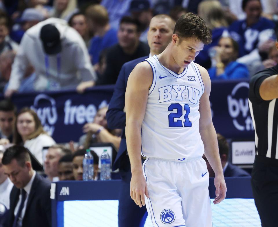 Brigham Young Cougars guard Trevin Knell (21) reacts after being fouled by Cincinnati Bearcats in Provo on Saturday, Jan. 6, 2024. Cincinnati won 71-60.