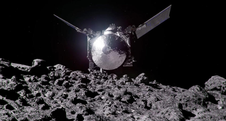 An artist’s impression of NASA’s OSIRIS-APEX probe approaching the surface of the asteroid Apophis.