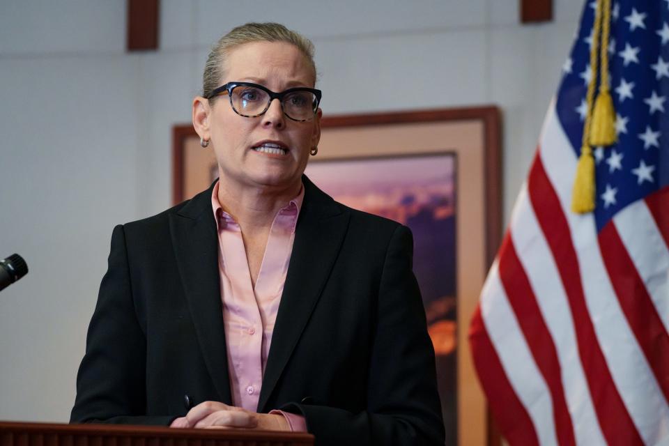 Arizona Gov. Katie Hobbs speaks to the press May 3, 2023, just one day before signng into law Senate Bil 1299, codifying new regulations on how Arizona governors can fundraise for suture inaugurations.