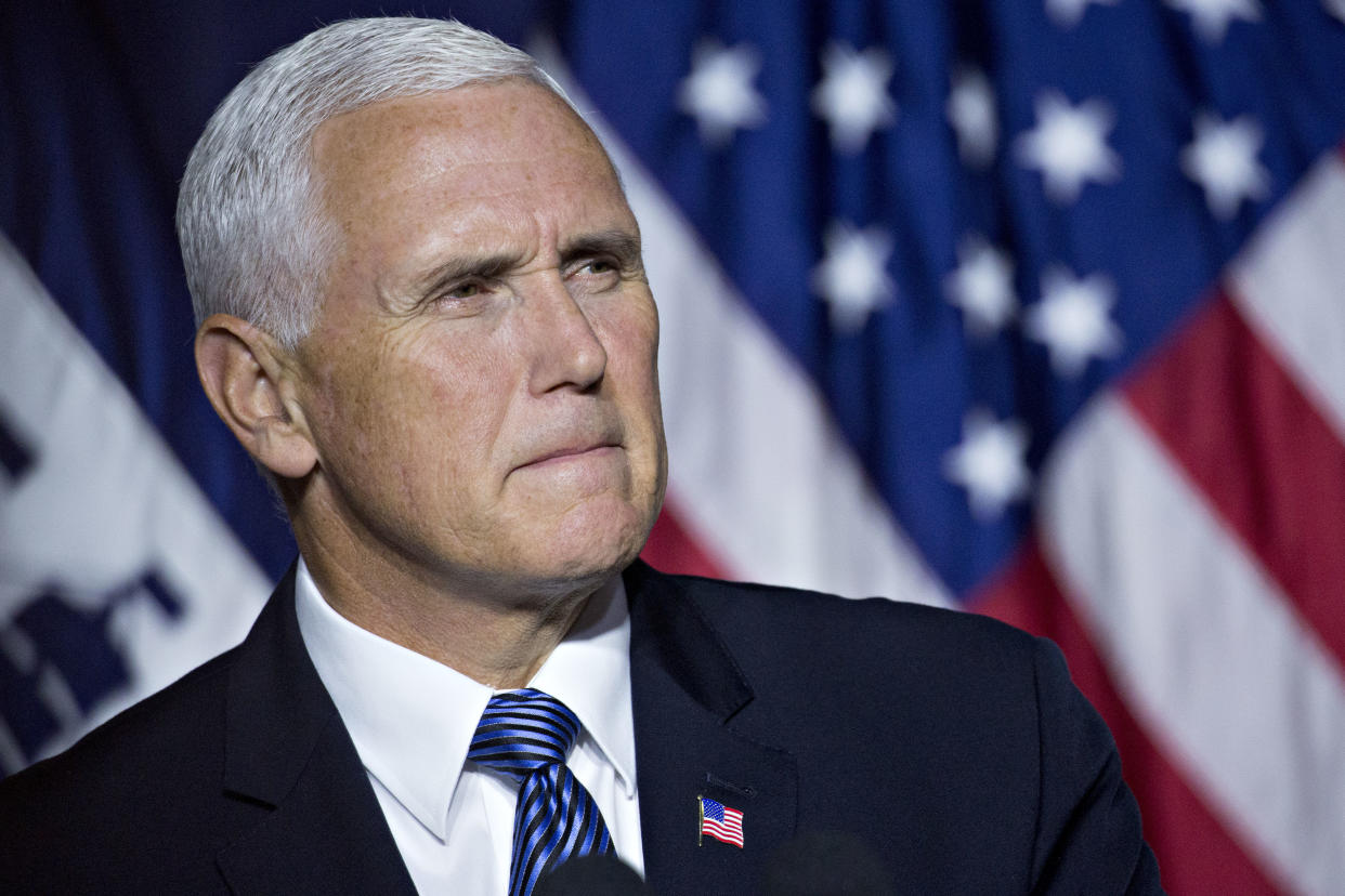 Vice President Mike Pence defended President Donald Trump after the barrage of bipartisan criticism sparked by Trump's comments at the Helsinki summit with Russian leader Vladimir Putin. ″What the American people saw is that Donald Trump will always put the prosperity and security of America first,” Pence insisted. (Bloomberg via Getty Images)