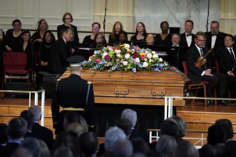 The casket of former first lady Rosalynn Carter rests in place for a tribute service at Glenn Memorial Church at Emory University on Tuesday in Atlanta. Pool Photo by Brynn Anderson/UPI