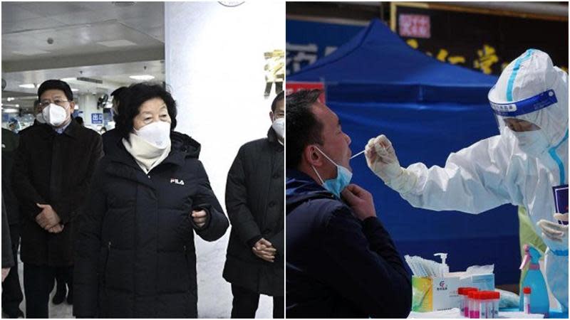 中國疫情延燒讓官方宣布不再公布無症狀感染者，孫春蘭（左圖中）前往北京視察。（翻攝自微博＠觀察者網、中國新聞網）