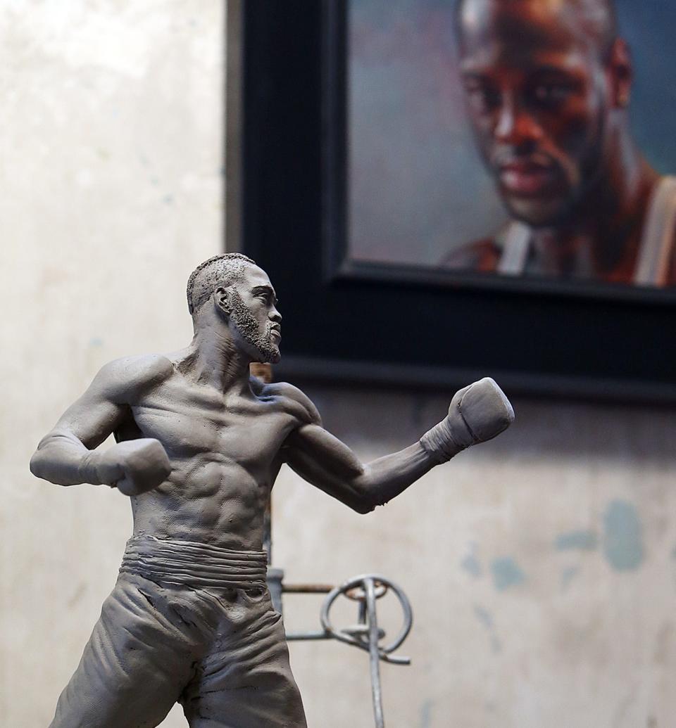 A 19-inch sculpture of Deontay "Bronze Bomber" Wilder, depicted from his recent fight against Gerald Washington, is seen at O'Connor Art Studio as Wilder and Caleb O'Connor discuss the one-to-one life-size sculpture of Wilder in Tuscaloosa Thursday, March 16, 2017. For each $1000 donation to fund the project, the donor will receive an original numbered small-scale sculpture signed by Wilder and O'Connor.   [Staff Photo/Erin Nelson]