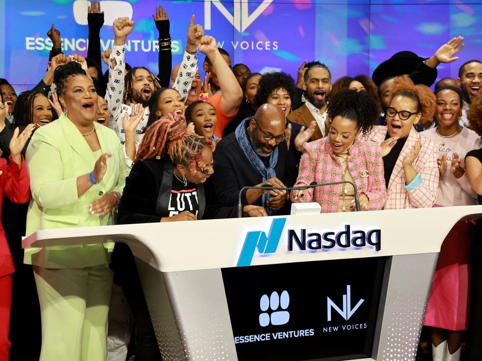 Esi Eggleston Bracey, Pinky Cole, Richelieu Dennis, Monique Rodriguez and LaToya Stirrup attend the NASDAQ Opening Bell Ringing Ceremony - Our Wealth: Moving Black Business Forward at NASDAQ on February 17, 2023 in New York City.