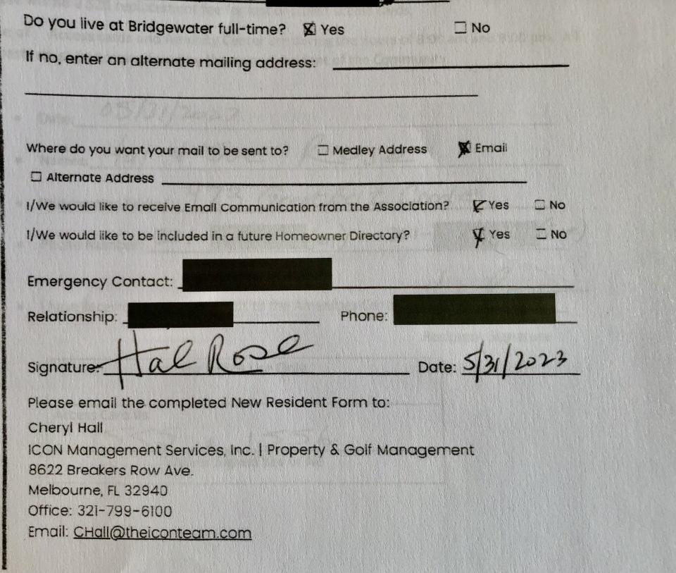 West Melbourne City Council Member John Dittmore contends that this new resident information form shows that West Melbourne Mayor Hal Rose is a full-time resident of the Bridgewater at Viera community. Rose says he also has a residence in West Melbourne.