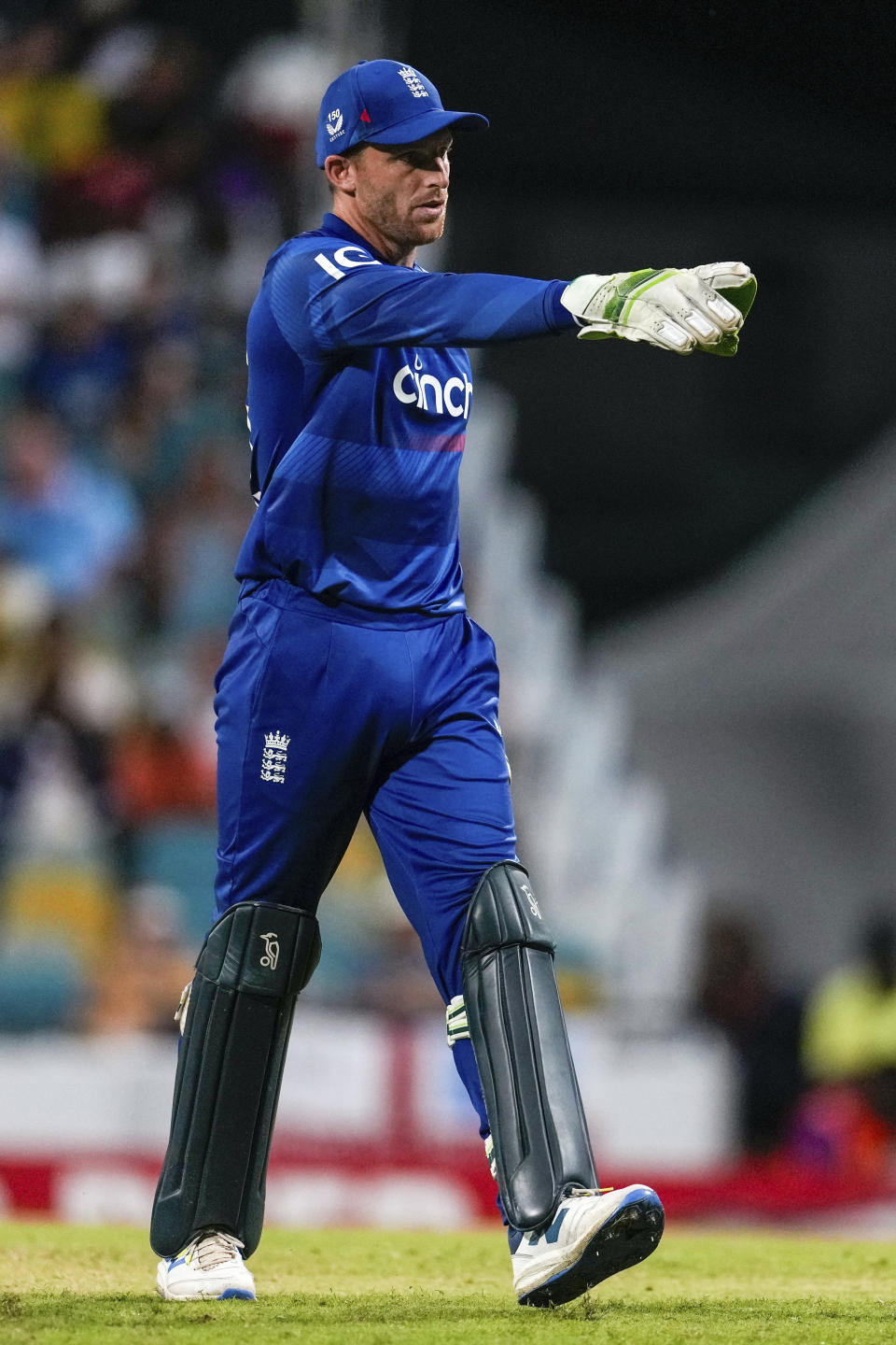 England's captain Jos Buttler points during the third ODI cricket match against West Indies at Kensington Oval in Bridgetown, Barbados, Saturday, Dec. 9, 2023. (AP Photo/Ricardo Mazalan)