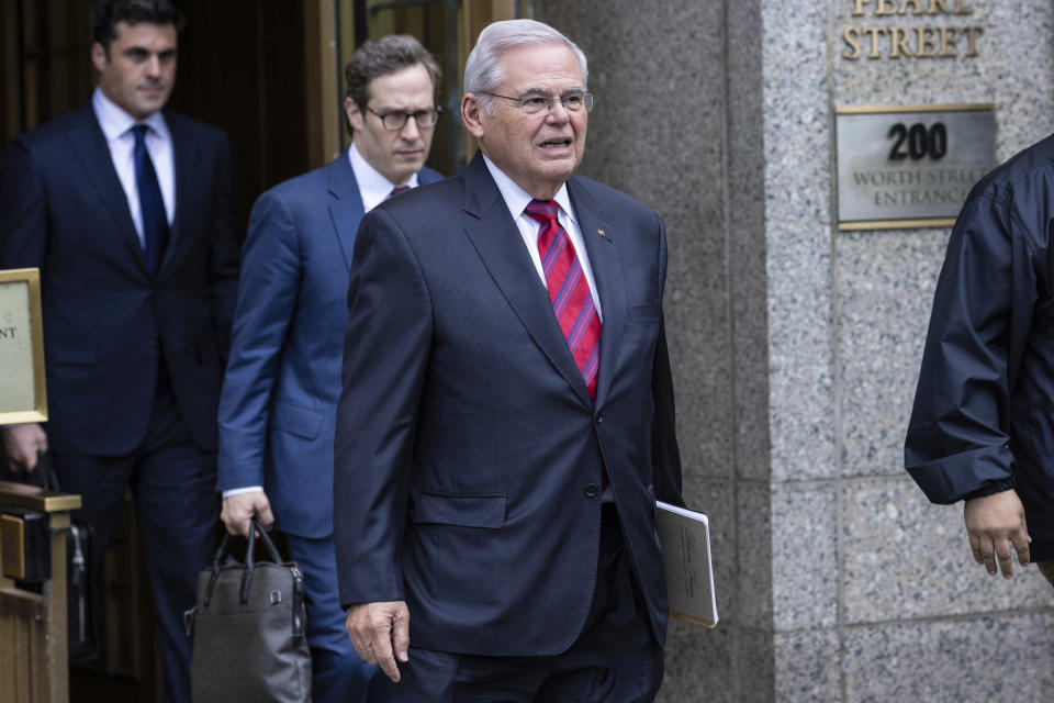 Sen. Bob Menendez, D-N.J., leaves the Manhattan federal court, after the first day of his corruption trial, Monday, May, 13, 2024, in New York. (AP Photo/Stefan Jeremiah)