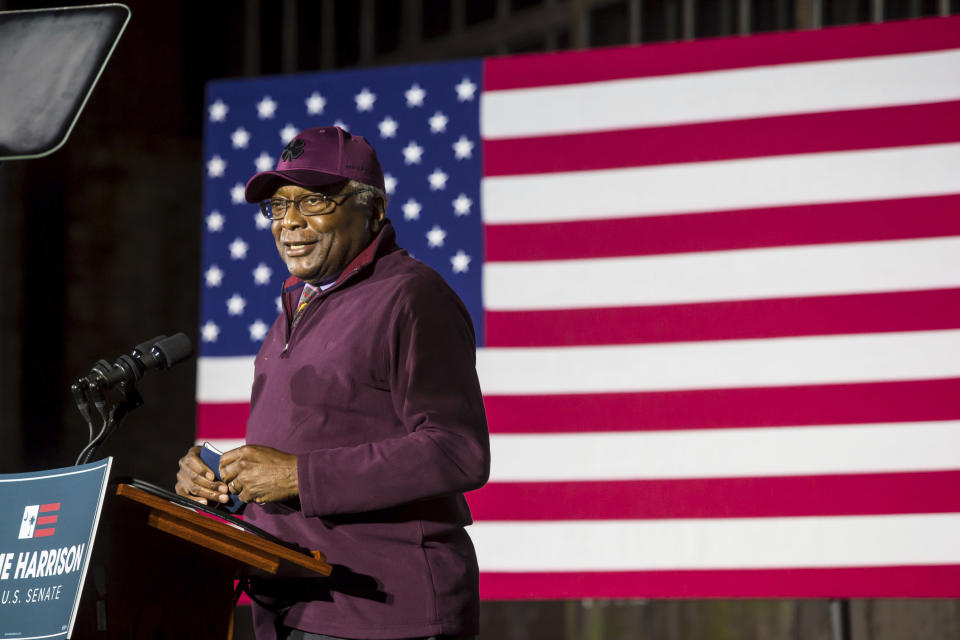 U.S. Representative James Clyburn of South Carolina introduces U.S. Senate candidate Jaime Harrison at an election watch party at Hunter-Gatherer at Curtiss Wright Hangar in Columbia, SC. Harrison conceded the election to incumbent Lindsey Graham. (Jeff Blake/The State via AP)