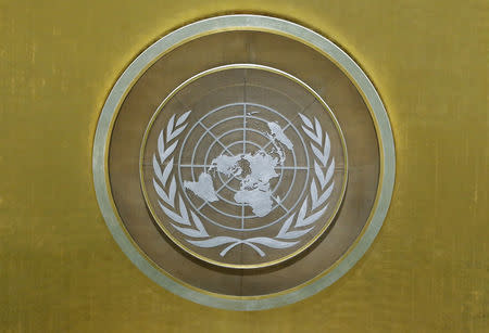 The United Nations emblem is seen in the U.N. General Assembly hall during the 72nd United Nations General Assembly at U.N. headquarters in New York, U.S., September 22, 2017. REUTERS/Lucas Jackson