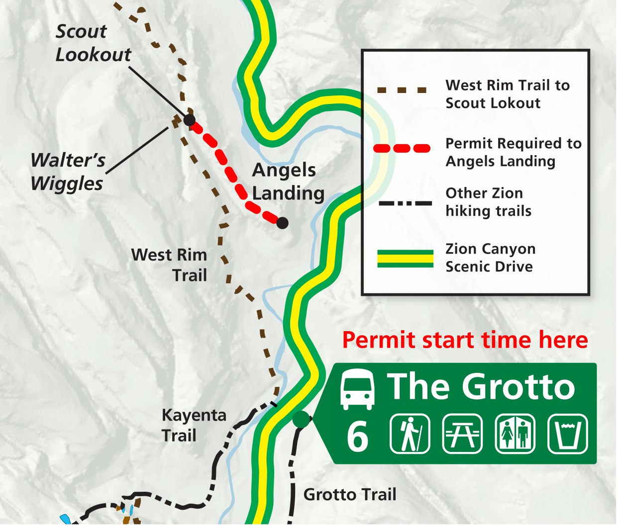 This map shows how where visitors must exit from a shuttle bus to access the Angels Landing Trail, a short climb at the end of a longer and more moderate trail. Zion Canyon Scenic drive is currently closed to vehicle traffic except for park shuttle buses.